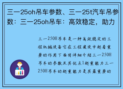 三一25oh吊车参数、三一25t汽车吊参数：三一25oh吊车：高效稳定，助力工程建设